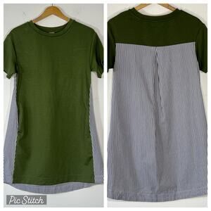 Lalu Tshirt Dress Womens Small Green Striped Swing Summer Casual Pockets Classic
